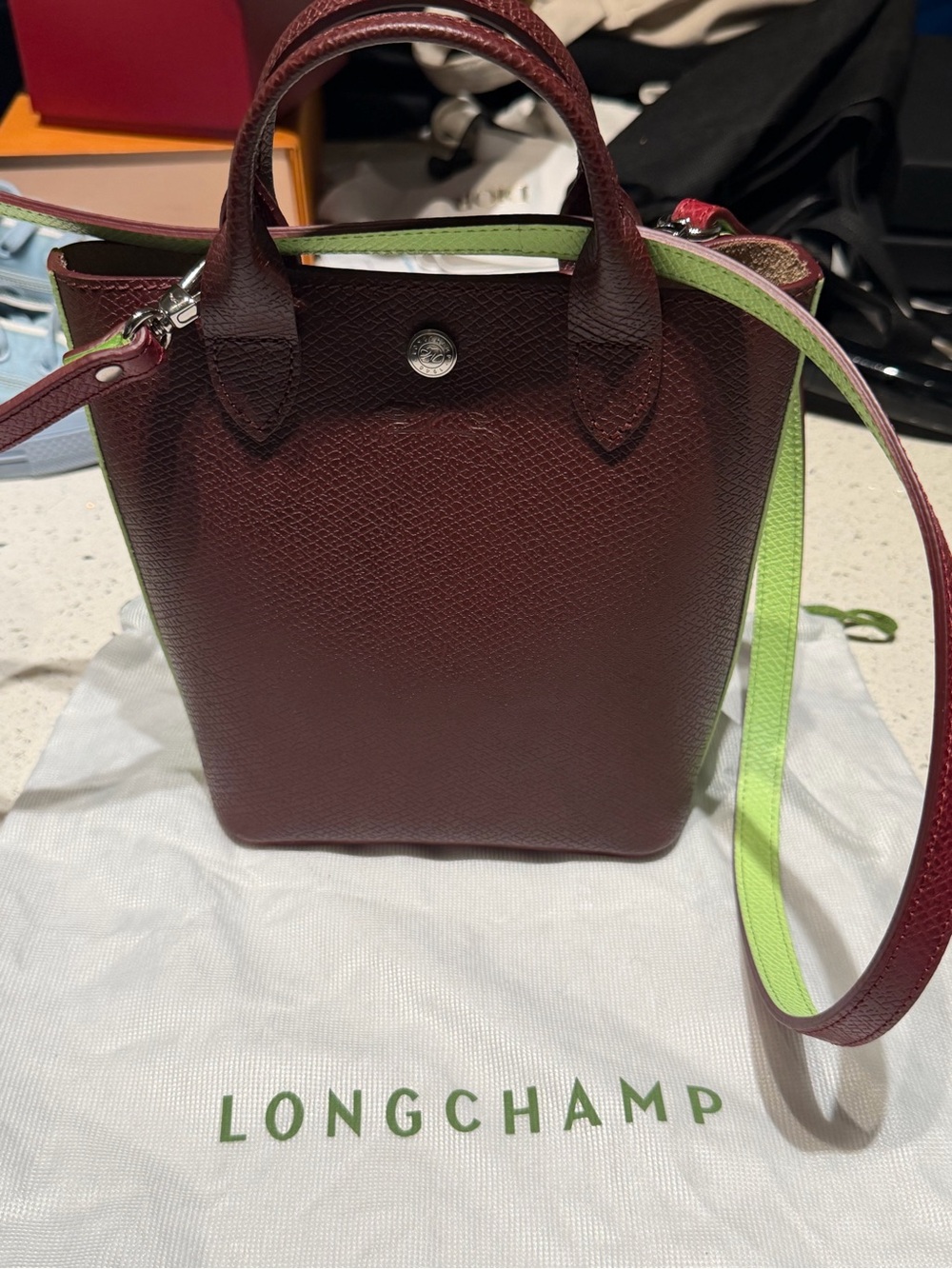 Longchamp epure xs Burgundy Leather Mini tote with Lime Green Strap